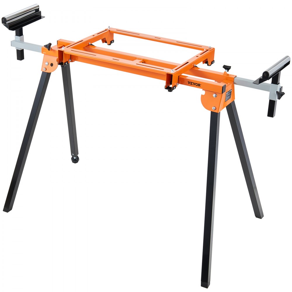 Soporte para sierra ingletadora VEVOR con soportes ajustables y patas plegables en naranja y negro.