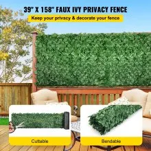 VEVOR Pantalla de valla de privacidad de hiedra artificial, valla de hiedra de 39 x 158 pulgadas, valla de setos artificiales de hojas de hiedra sintética de PP, panel de privacidad para exteriores de vegetación sintética para jardín, decoración, balcón, patio, interior