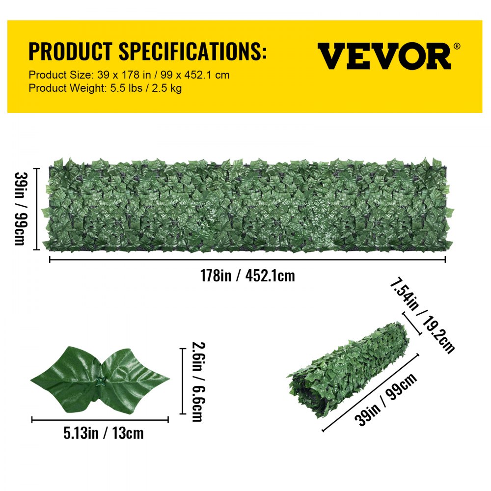 Valla de privacidad VEVOR Ivy, 99 x 45 cm, setos artificiales de hojas sintéticas de polipropileno, panel de 3 capas con hojas verdes para interior o exterior, multiusos para jardín, patio, decoración, balcón, patio y hogar. Verde, 99 x 45 cm.