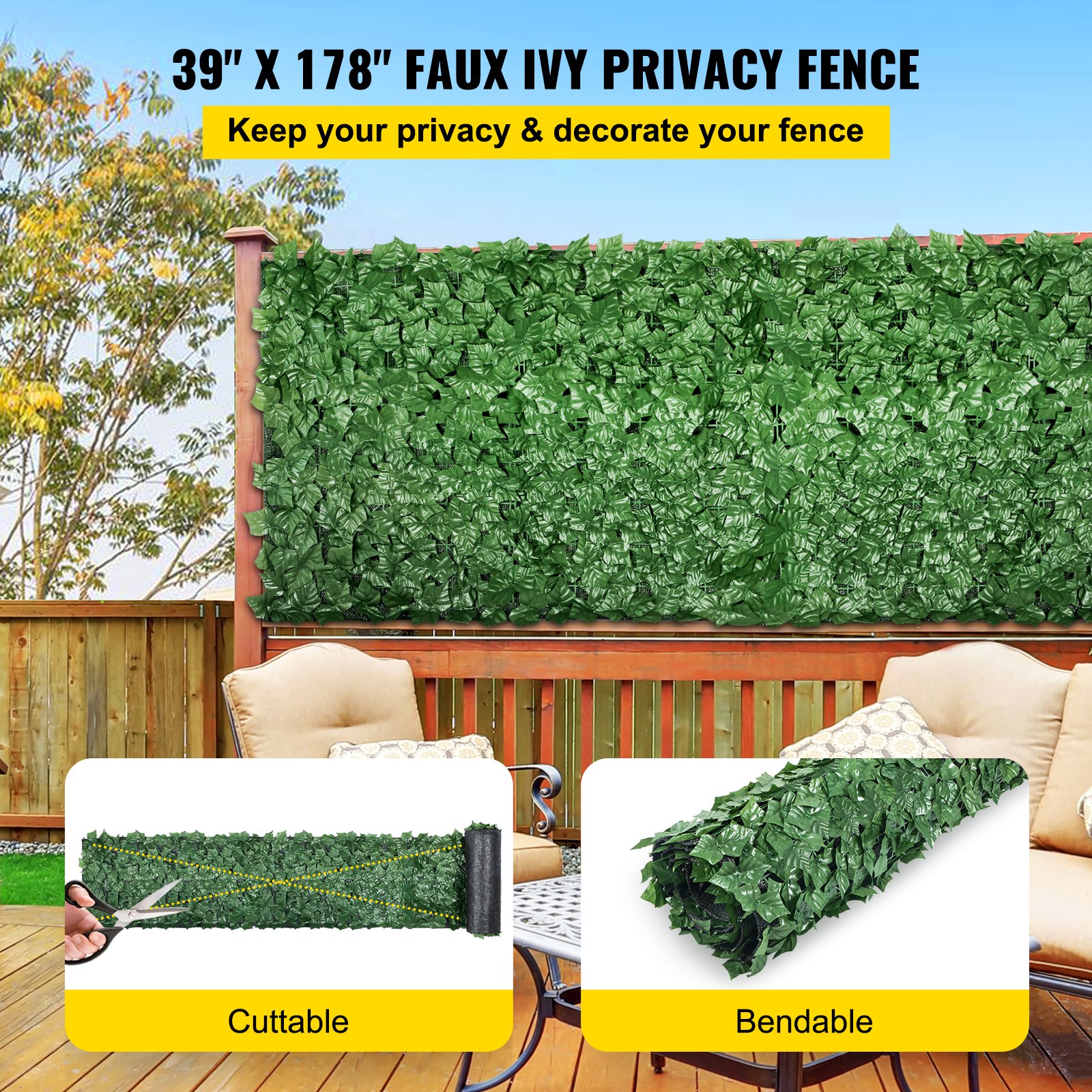 Valla de privacidad VEVOR Ivy, 99 x 45 cm, setos artificiales de hojas sintéticas de polipropileno, panel de 3 capas con hojas verdes para interior o exterior, multiusos para jardín, patio, decoración, balcón, patio y hogar. Verde, 99 x 45 cm.