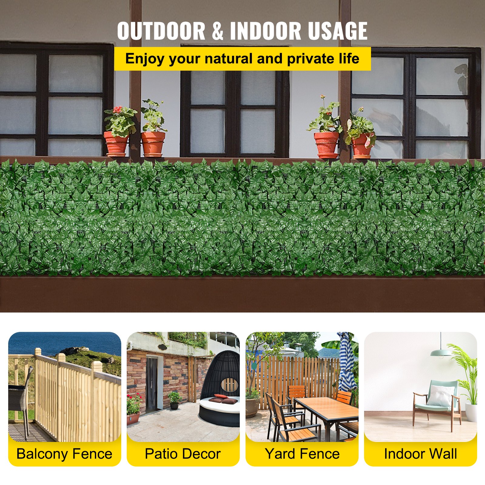 Valla de privacidad VEVOR Ivy, 99 x 45 cm, setos artificiales de hojas sintéticas de polipropileno, panel de 3 capas con hojas verdes para interior o exterior, multiusos para jardín, patio, decoración, balcón, patio y hogar. Verde, 99 x 45 cm.