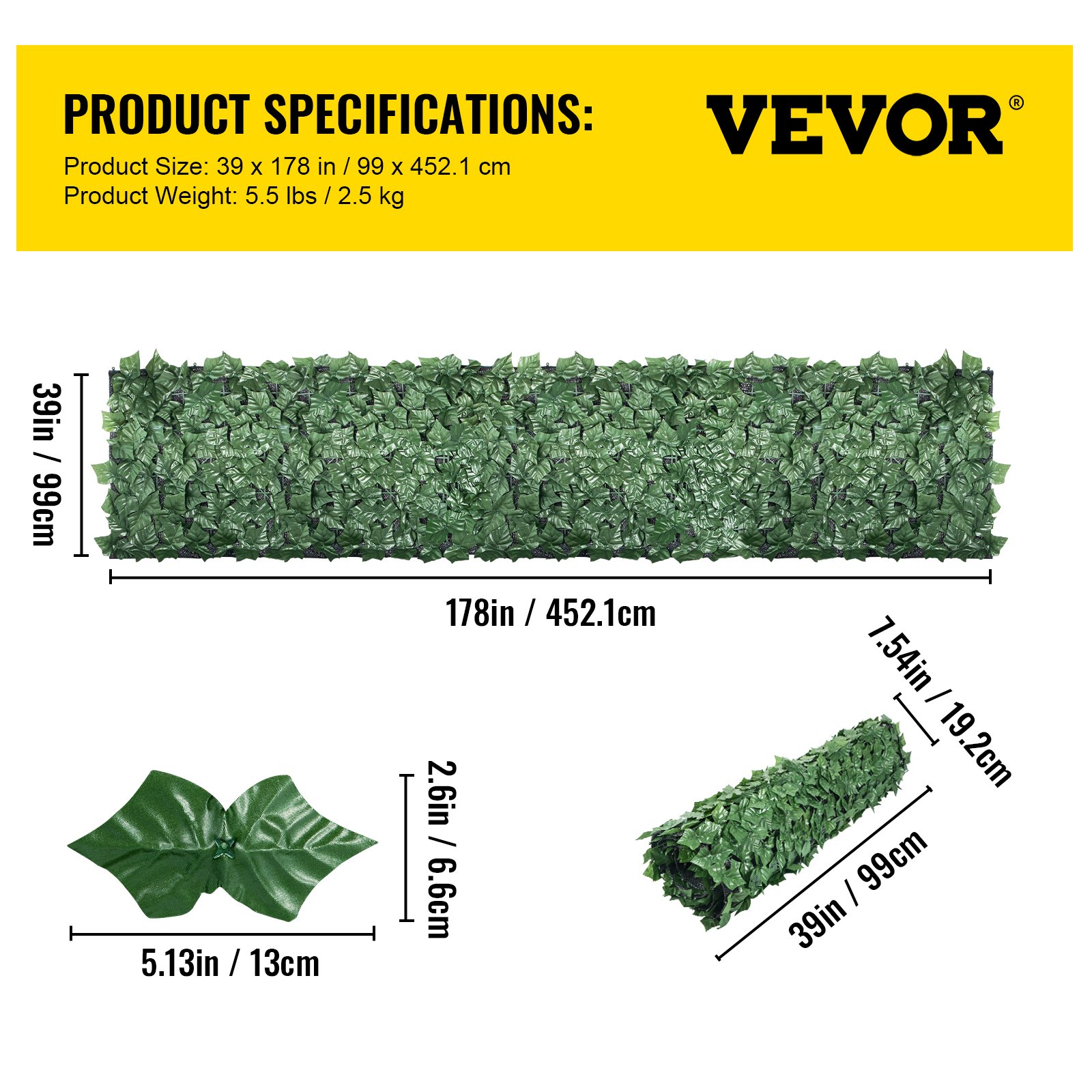 Valla de privacidad VEVOR Ivy, 99 x 45 cm, setos artificiales de hojas sintéticas de polipropileno, panel de 3 capas con hojas verdes para interior o exterior, multiusos para jardín, patio, decoración, balcón, patio y hogar. Verde, 99 x 45 cm.