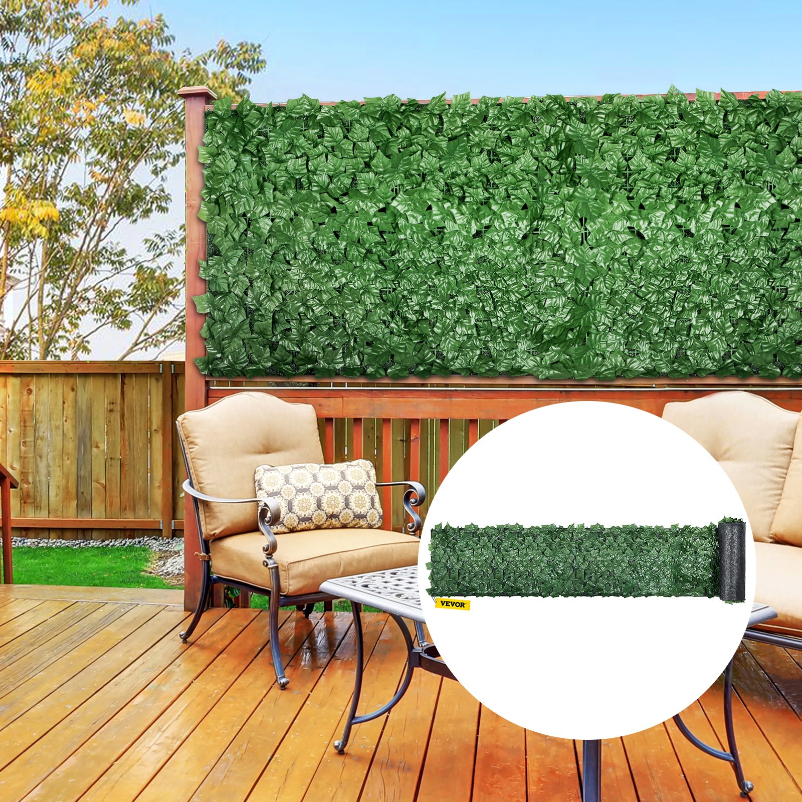 Valla de privacidad VEVOR Ivy, 99 x 45 cm, setos artificiales de hojas sintéticas de polipropileno, panel de 3 capas con hojas verdes para interior o exterior, multiusos para jardín, patio, decoración, balcón, patio y hogar. Verde, 99 x 45 cm.