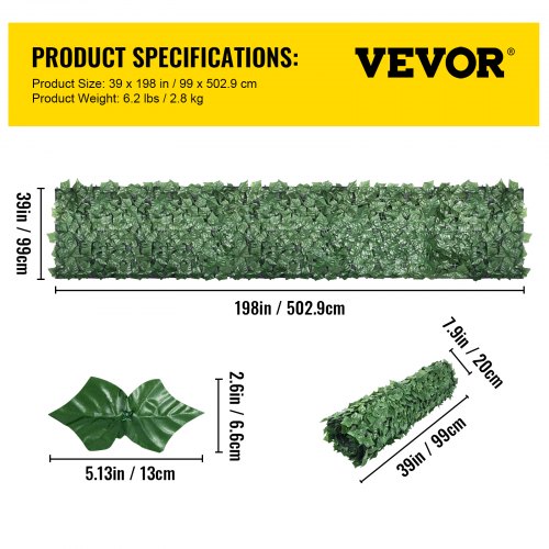 VEVOR Ivy - Pantalla de valla de privacidad, 39 x 198 pulgadas, PP, setos artificiales de hojas sintéticas, 3 capas para interior o exterior, panel de hojas verdes, multiuso para jardín, patio, decoración, balcón, patio, hogar, verde, 39 x 198 pulgadas