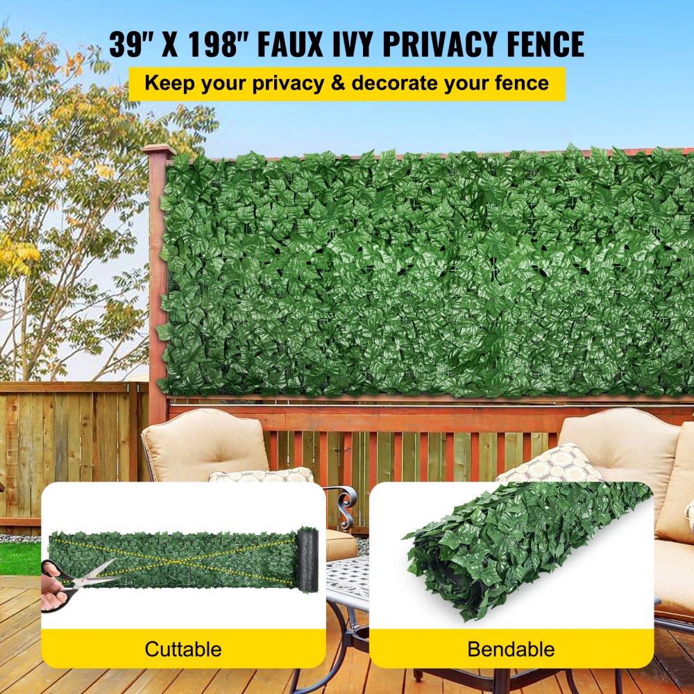 VEVOR Ivy - Pantalla de valla de privacidad, 39 x 198 pulgadas, PP, setos artificiales de hojas sintéticas, 3 capas para interior o exterior, panel de hojas verdes, multiuso para jardín, patio, decoración, balcón, patio, hogar, verde, 39 x 198 pulgadas