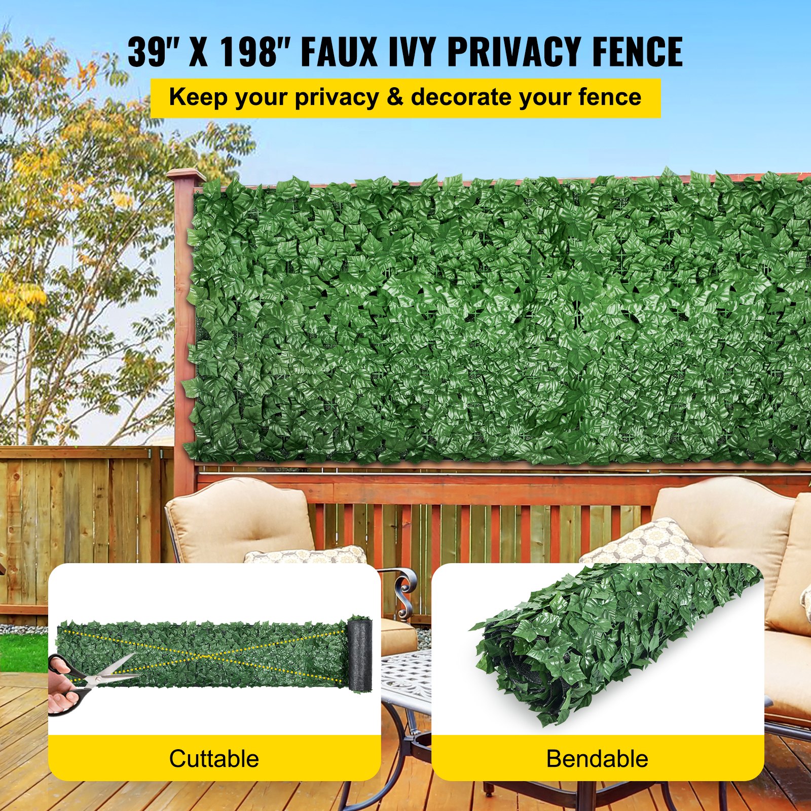 VEVOR Ivy - Pantalla de valla de privacidad, 39 x 198 pulgadas, PP, setos artificiales de hojas sintéticas, 3 capas para interior o exterior, panel de hojas verdes, multiuso para jardín, patio, decoración, balcón, patio, hogar, verde, 39 x 198 pulgadas