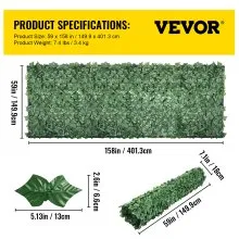 VEVOR Pantalla de valla de privacidad de hiedra artificial, valla de hiedra de 59 x 158 pulgadas, valla de setos artificiales de hoja de hiedra sintética de PP, decoración de panel de privacidad para exteriores para jardín, decoración, balcón, patio, interior
