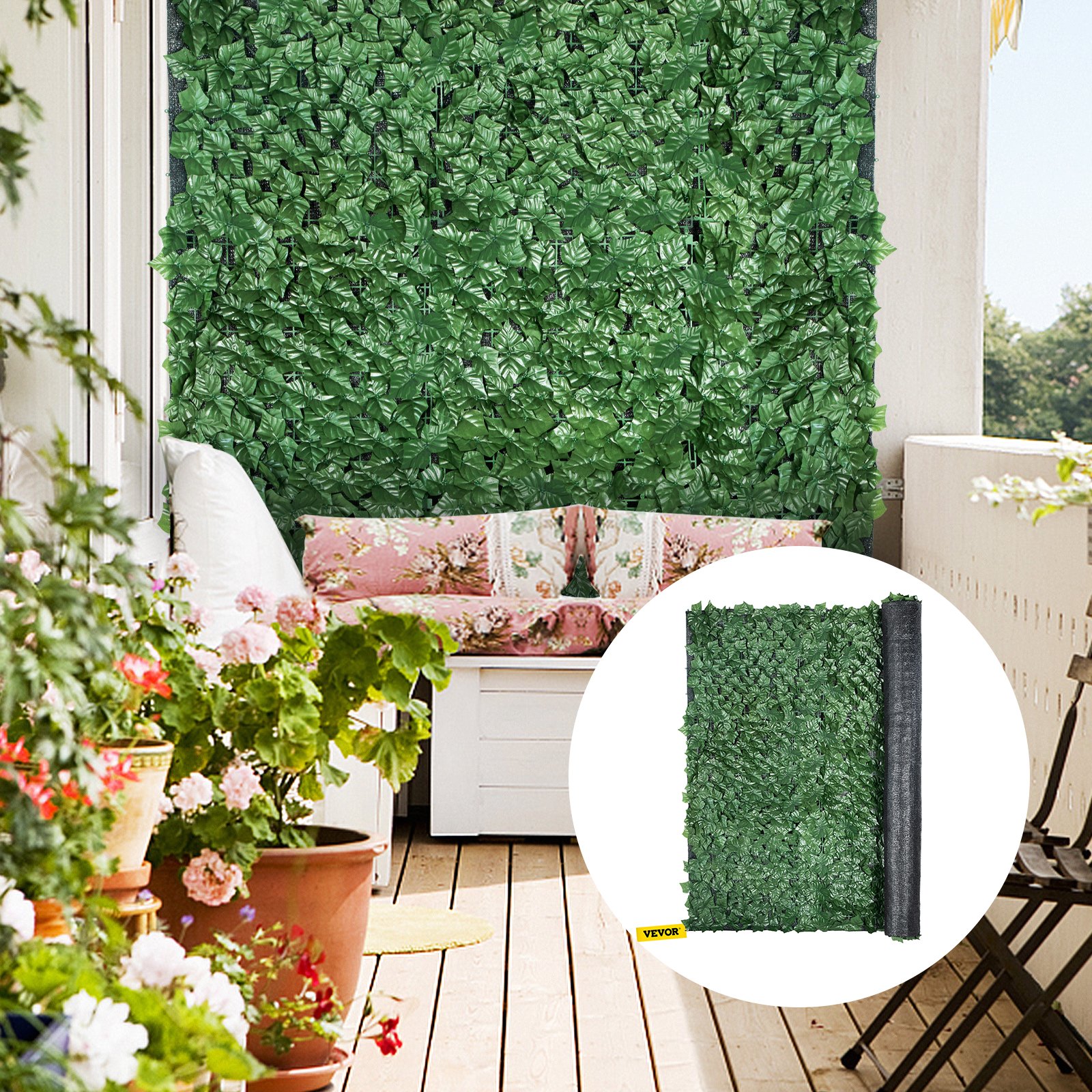 Valla de privacidad VEVOR de hiedra, setos artificiales de hojas sintéticas de polipropileno de 244 x 183 cm, panel de 3 capas con hojas verdes para interior o exterior, multiusos para jardín, patio, decoración, balcón, terraza y hogar.