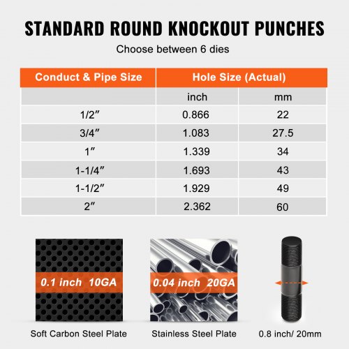 VEVOR 10 Ton Hidráulico Knockout Punch Driver Kit Hole Tool 1/2"-2" con 6 troqueles