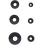 Componentes del kit de punzón hidráulico VEVOR, tamaños variables, anillos negros dispuestos sobre un fondo blanco.
