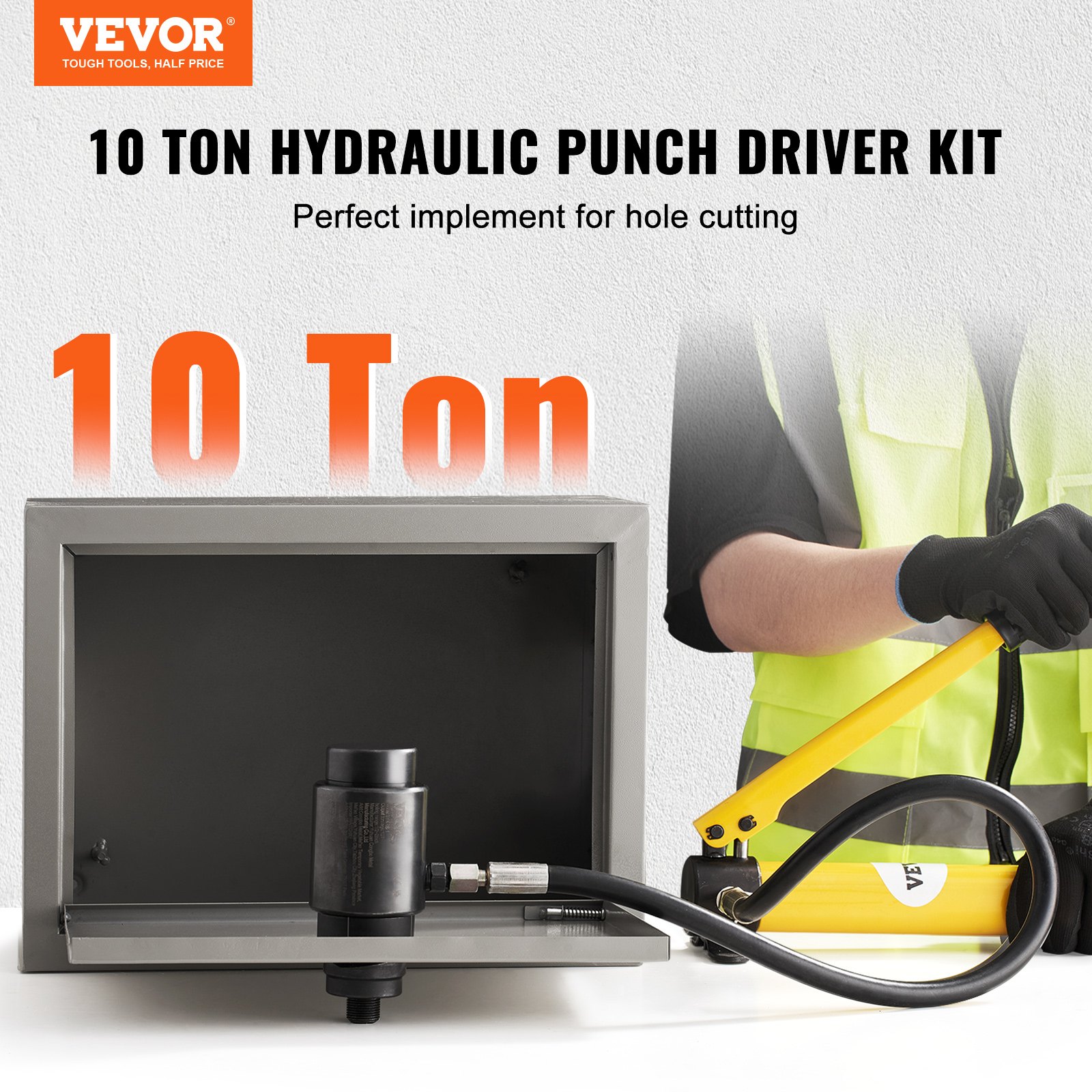 Kit de punzón hidráulico VEVOR presentado con una capacidad de 10 toneladas y una bomba hidráulica amarilla.