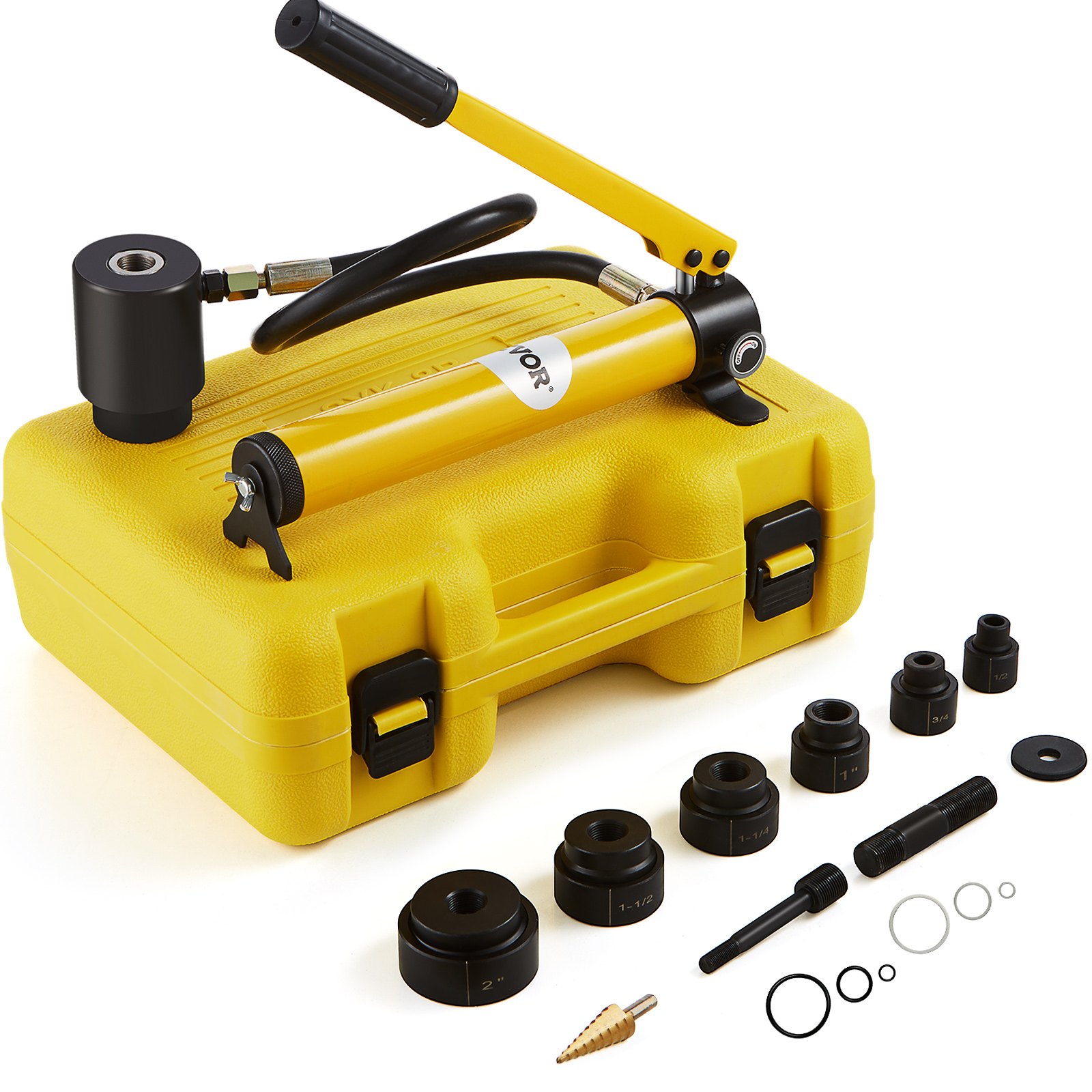 Estuche amarillo con kit de punzón hidráulico VEVOR, que incluye bomba, mango y varios accesorios de herramientas.