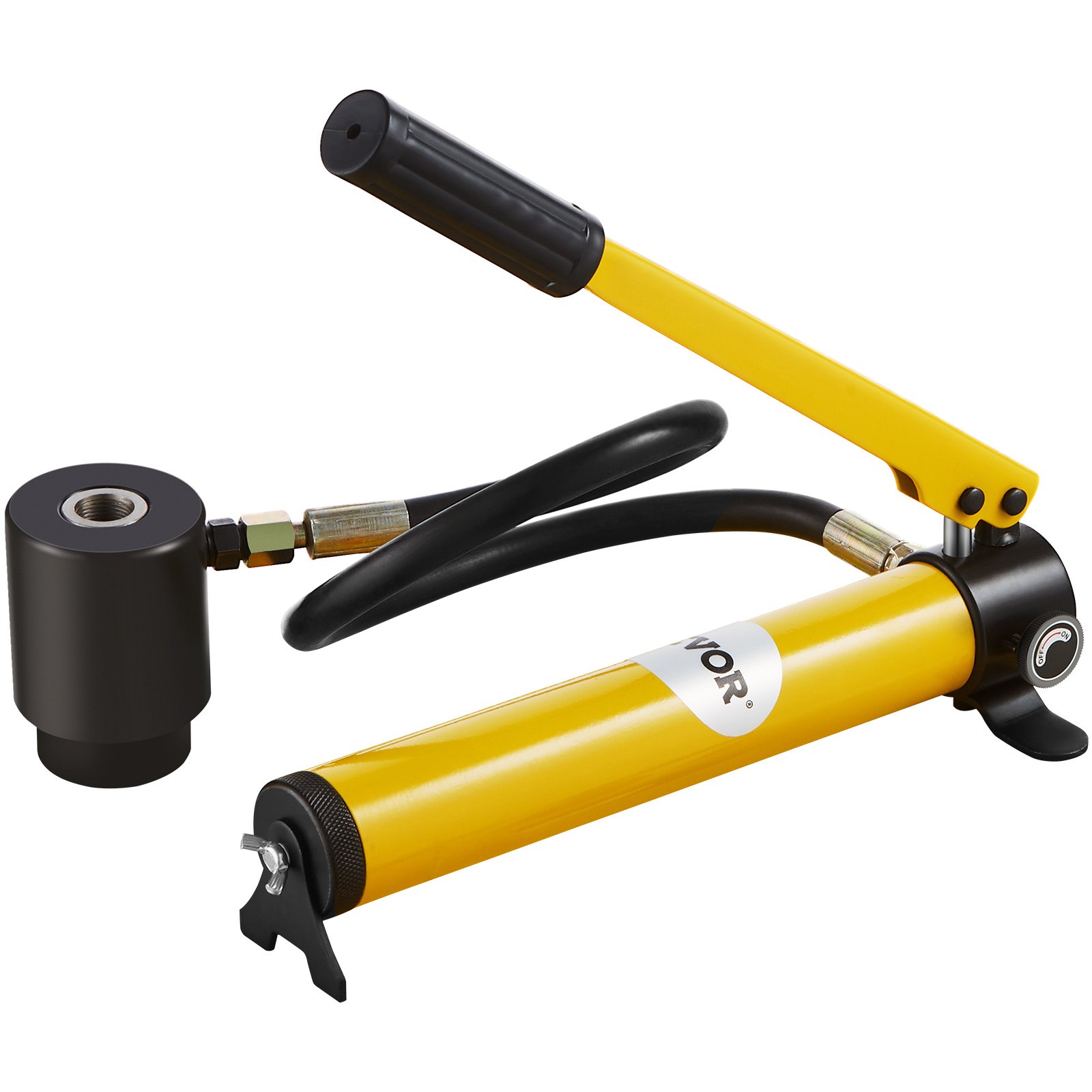 Kit de punzón hidráulico VEVOR con mango amarillo y bomba hidráulica negra para trabajar metales.