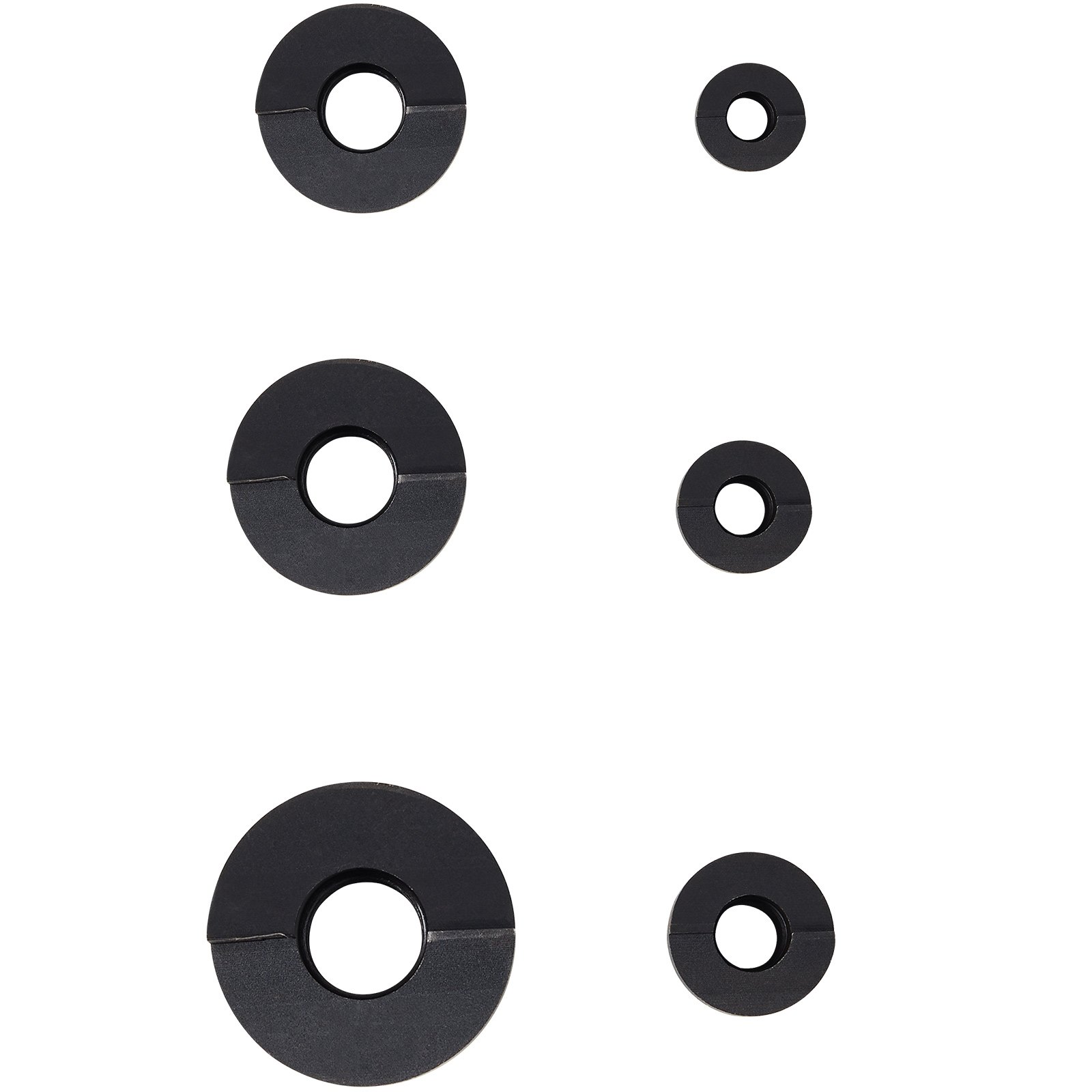 Componentes del kit de punzón hidráulico VEVOR, tamaños variables, anillos negros dispuestos sobre un fondo blanco.
