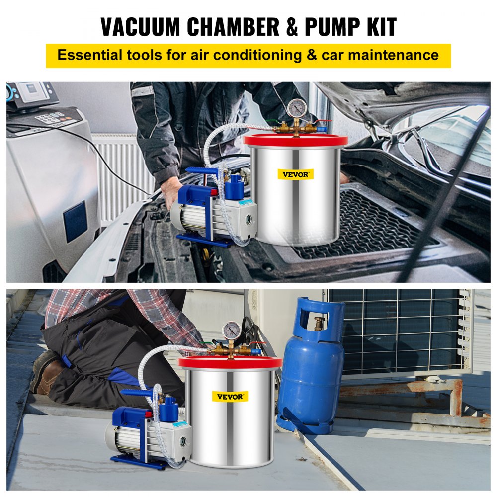 Cámara de vacío VEVOR en uso para aire acondicionado y mantenimiento de automóviles con kit de bomba.