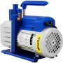 Cámara de vacío VEVOR de 5 cfm, bomba de vacío azul y plateada de 1 etapa con mango y especificaciones etiquetadas.