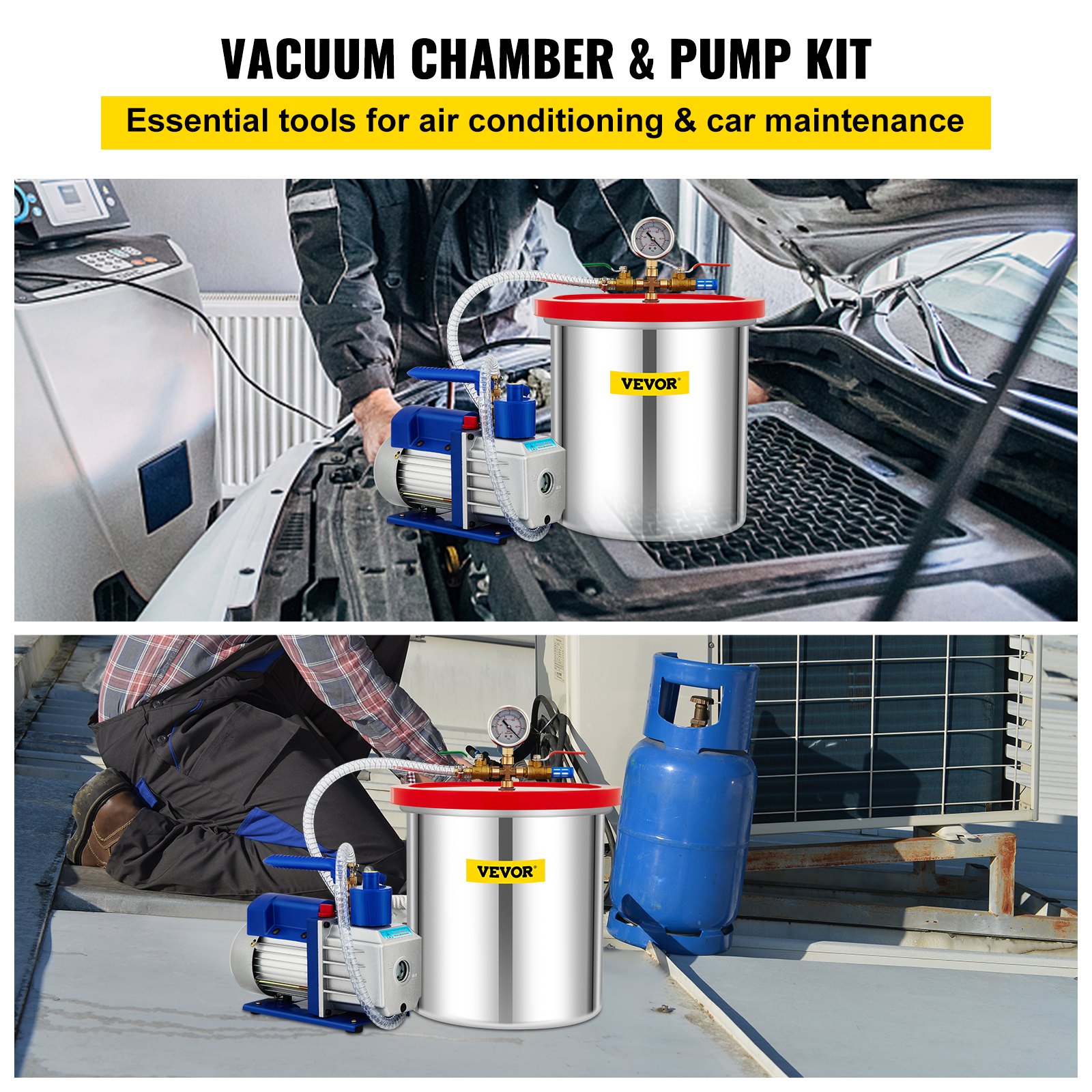 Cámara de vacío VEVOR en uso para aire acondicionado y mantenimiento de automóviles con kit de bomba.