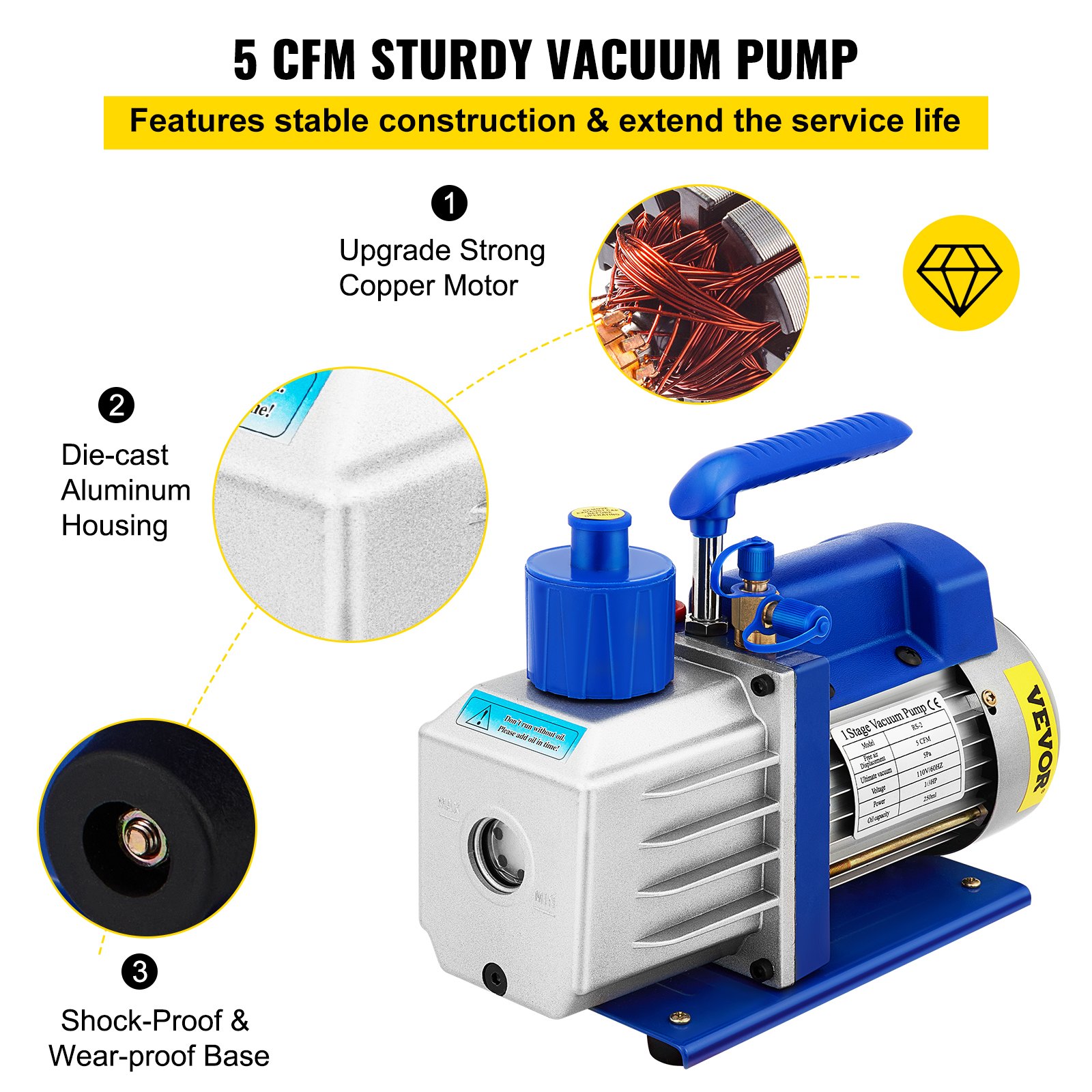 Bomba de cámara de vacío VEVOR de 5 cfm con carcasa de aluminio fundido a presión, motor de cobre, base a prueba de golpes.