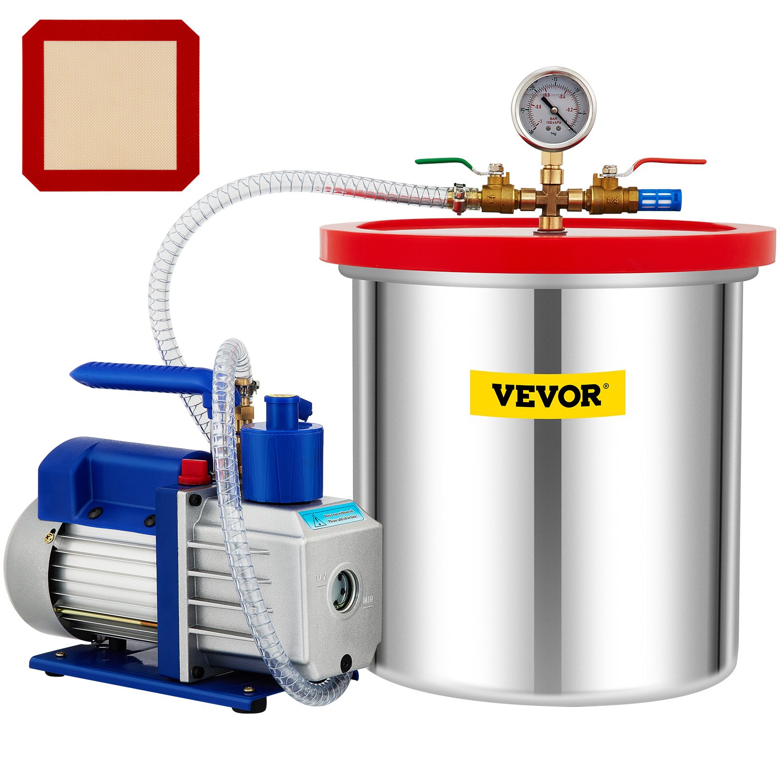 Cámara de vacío VEVOR con recipiente de acero inoxidable, tapa roja, manómetro y bomba de vacío azul.