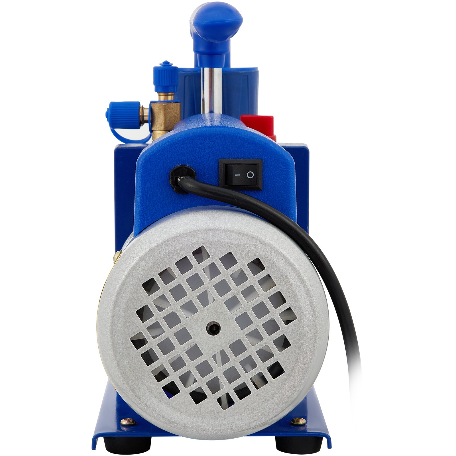 Bomba de cámara de vacío VEVOR azul con interruptor de encendido y rejilla de ventilación, vista frontal.