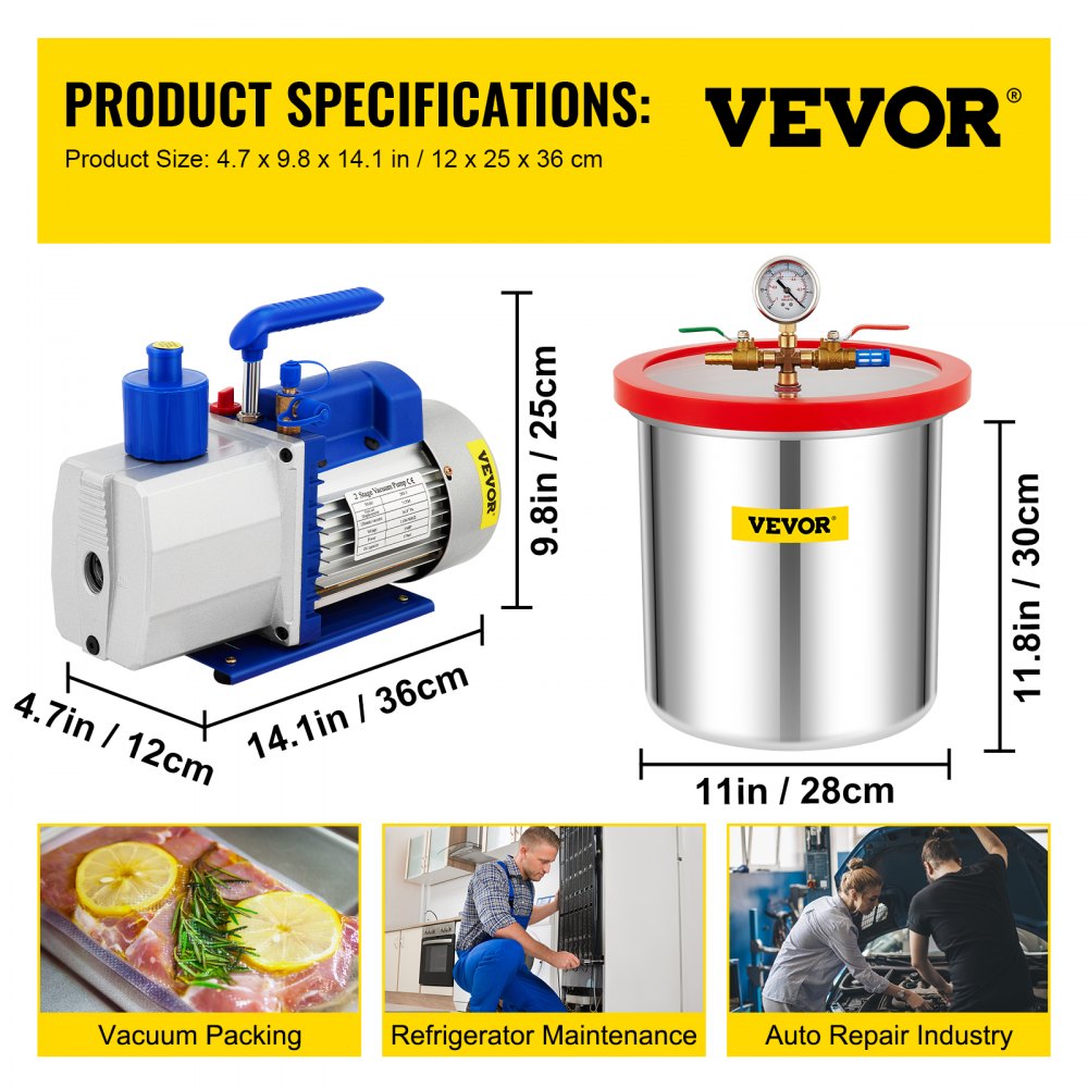 Cámara de vacío VEVOR con bomba: tamaño del producto 14,1 x 4,7 pulgadas, ideal para envasado al vacío, mantenimiento y reparaciones.