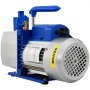 Cámara de vacío VEVOR con bomba, mango azul, etiqueta detallada y carcasa metálica ventilada.