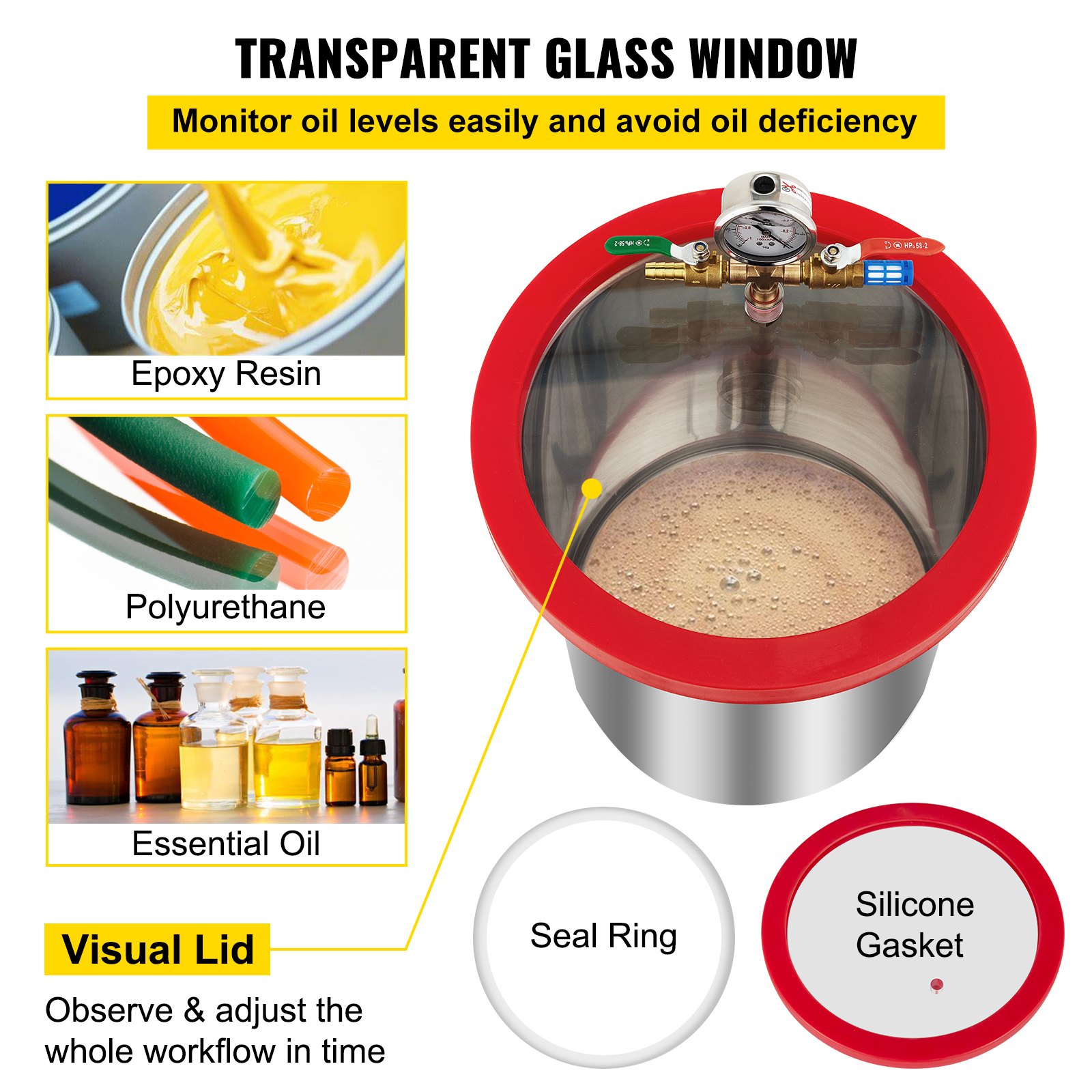 Ventana de vidrio transparente de la cámara de vacío VEVOR con bomba; uso de resina epoxi, poliuretano, aceite esencial.
