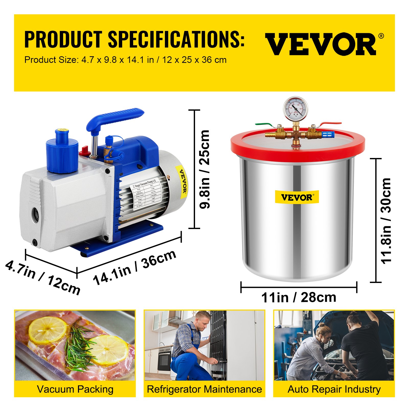 Cámara de vacío VEVOR con bomba: tamaño del producto 14,1 x 4,7 pulgadas, ideal para envasado al vacío, mantenimiento y reparaciones.