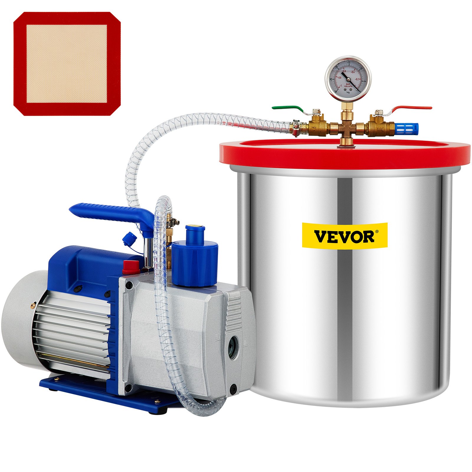 Cámara de vacío VEVOR con bomba y tapa transparente, bomba azul y plateada, y manómetro.
