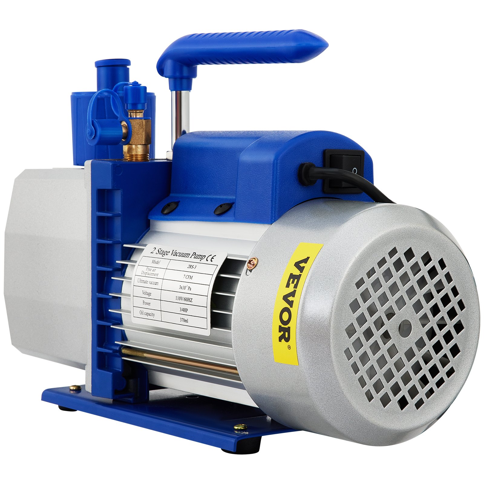 Cámara de vacío VEVOR con bomba, mango azul, etiqueta detallada y carcasa metálica ventilada.