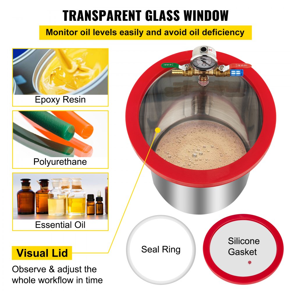 Cámara de vacío VEVOR con bomba, cámara de 5 galones, bomba de vacío de paletas rotativas de una etapa de 5 CFM y 1/3 HP, juego de herramientas neumáticas HVAC de 110 V para estabilizar madera, desgasificar siliconas, epoxis y aceites esenciales.