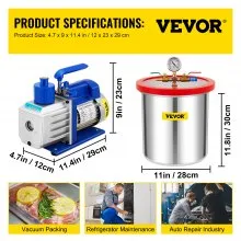 VEVOR Cámara de vacío con bomba, cámara de 5 galones, 5 CFM 1/3 HP bomba de vacío de paleta rotativa de una sola etapa, juego de herramientas de aire HVAC de 110 V para estabilizar madera, desgasificar siliconas, epoxis y aceites esenciales