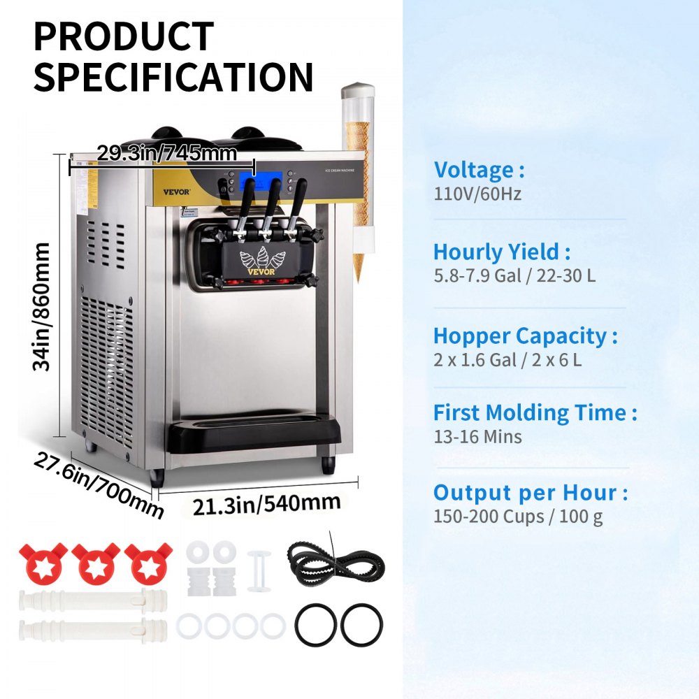 VEVOR Máquina para hacer helados comercial, rendimiento de 22-30 l/h, máquina de servicio suave para encimera de con tolva de 2 x 6 l, panel LCD de 2 l, alarma de escasez de inflado, máquina pa