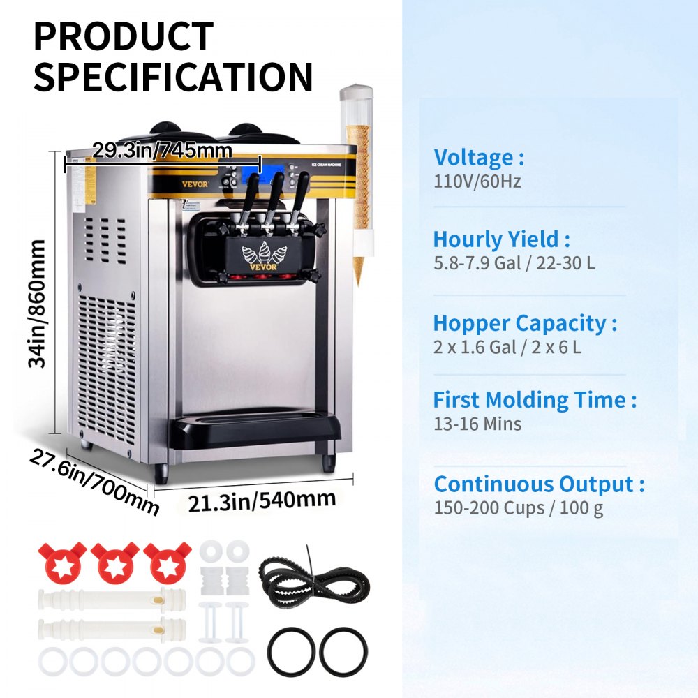 VEVOR Commercial Ice Cream Maker, 22-30L/H Yield, 2350W Countertop Soft Serve Machine with 2x6L Hopper 2L Cylinder LCD Panel Puffing Shortage Alarm, Frozen Yogurt Maker for Restaurant Snack Bar