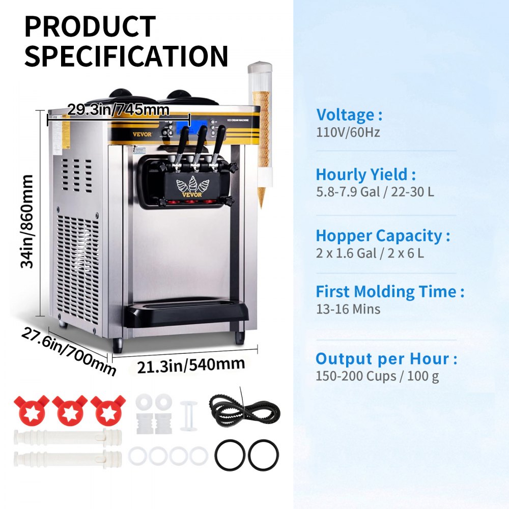 VEVOR - Máquina de helados comerciales, 22-30 l/h, para mostrador, con tolva de 2 x 6 l, cilindro de 2 l, pantalla LCD, alarma de falta de inflado, máquina de yogur helado para restaurante, snack-bar