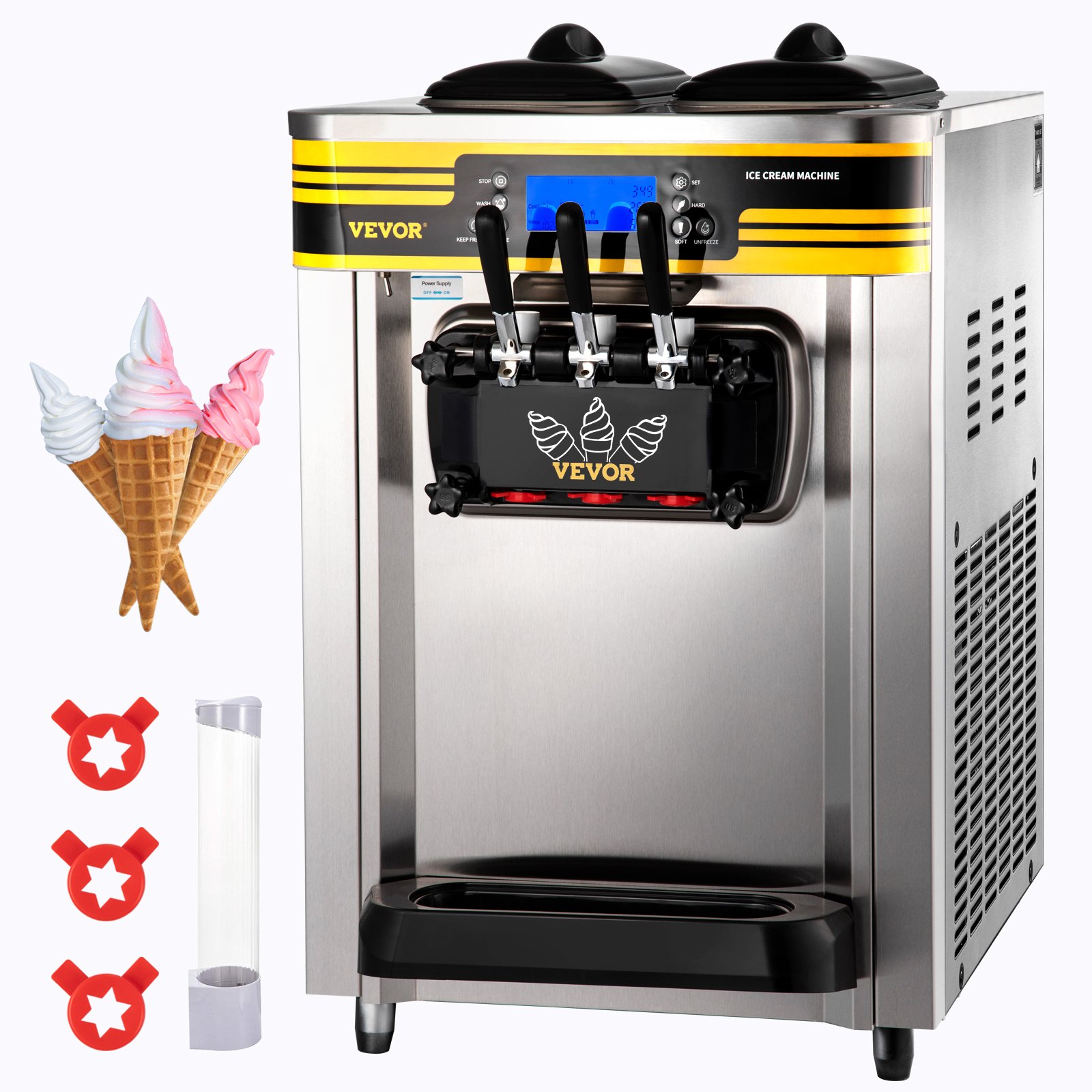 VEVOR Commercial Ice Cream Maker, 22-30L/H Yield, 2350W Countertop Soft Serve Machine with 2x6L Hopper 2L Cylinder LCD Panel Puffing Shortage Alarm, Frozen Yogurt Maker for Restaurant Snack Bar