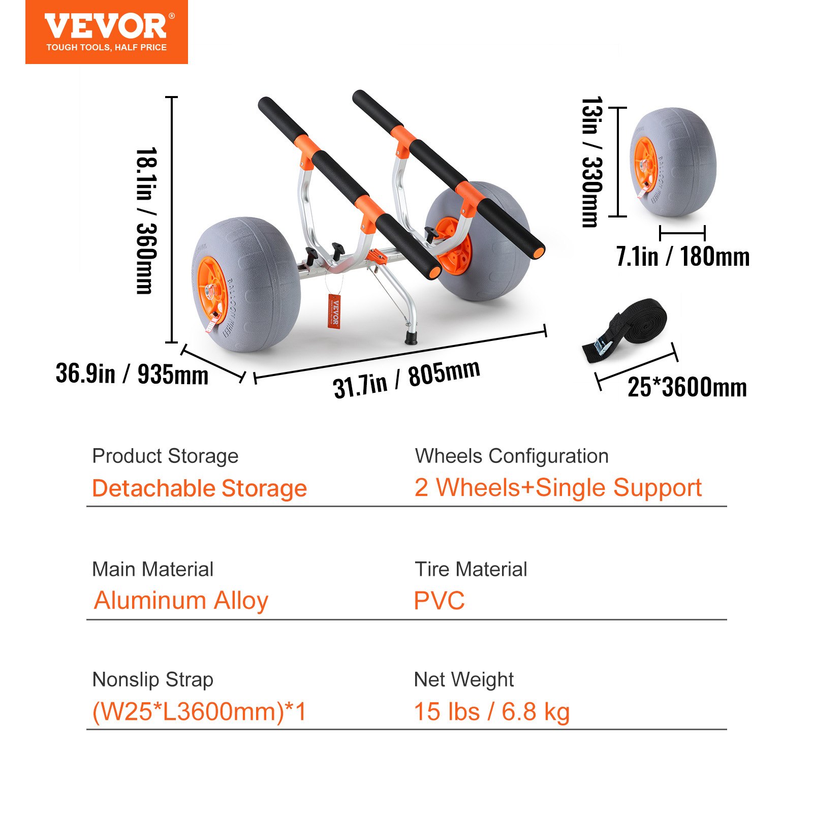 VEVOR - Carrito para kayak resistente, desmontable, con neumáticos de 30 cm, ancho ajustable de 17,5 a 44 cm, capacidad de peso de 168 kg. Ideal para kayaks, canoas, tablas de paddle surf, flotadores y botes.
