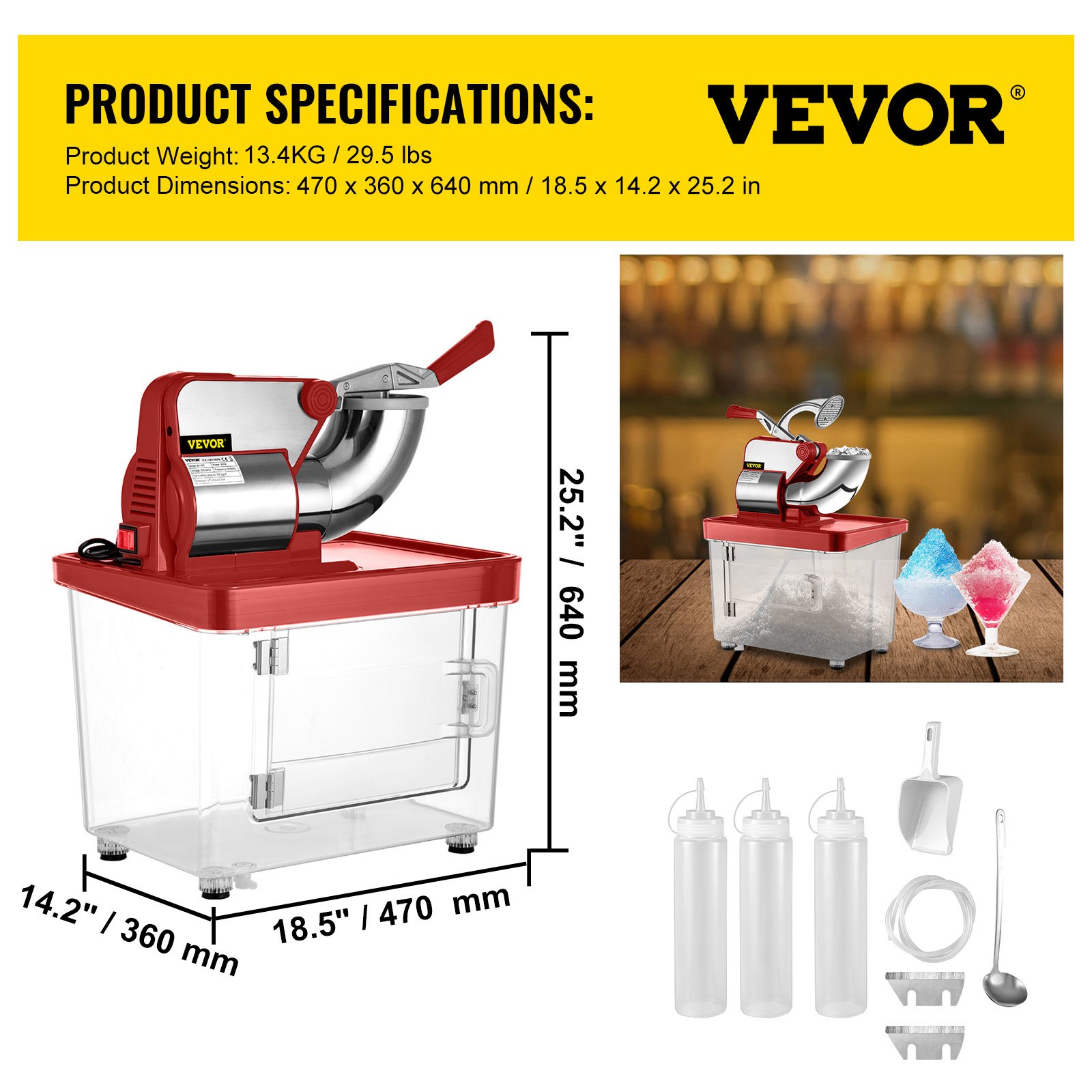 VEVOR Máquina de Raspado Hielo 180kg/H Bar Picadora de Hielo Picador Hielo Rojo