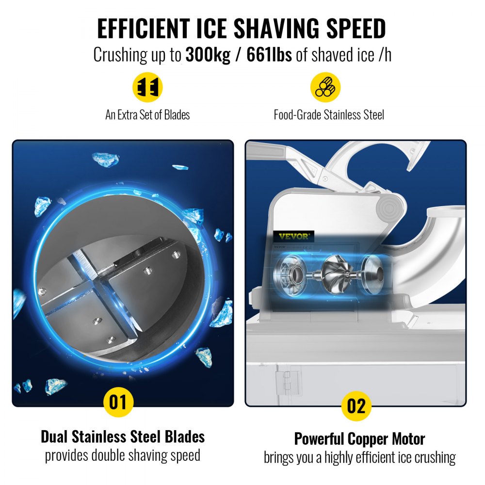Trituradora de hielo comercial VEVOR: cuchillas dobles de acero inoxidable, potente motor de cobre, raspado de hielo eficiente.