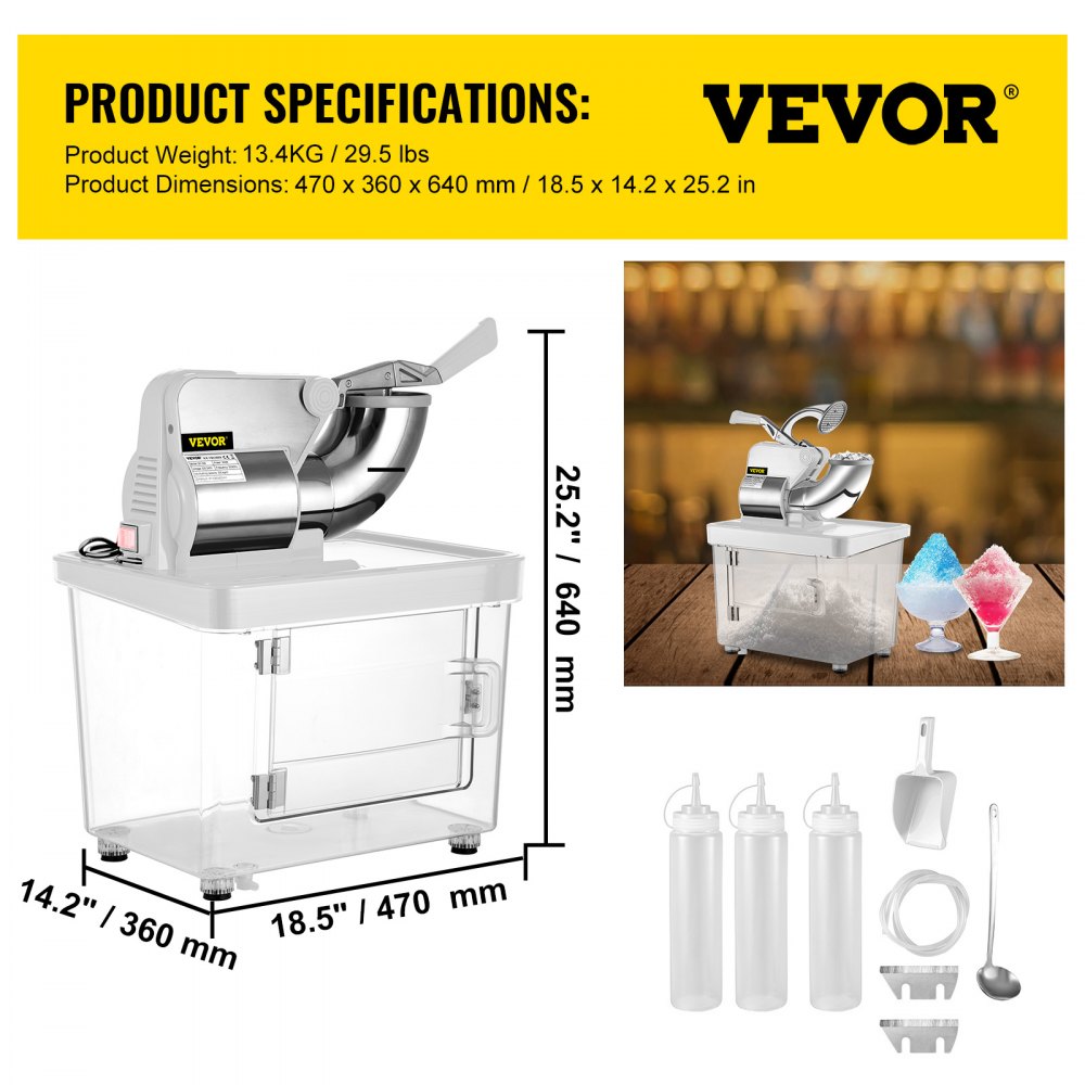 Trituradora de hielo comercial VEVOR con dimensiones y accesorios, ideal para crear hielo raspado.