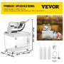 Trituradora de hielo comercial VEVOR con dimensiones y accesorios, ideal para crear hielo raspado.