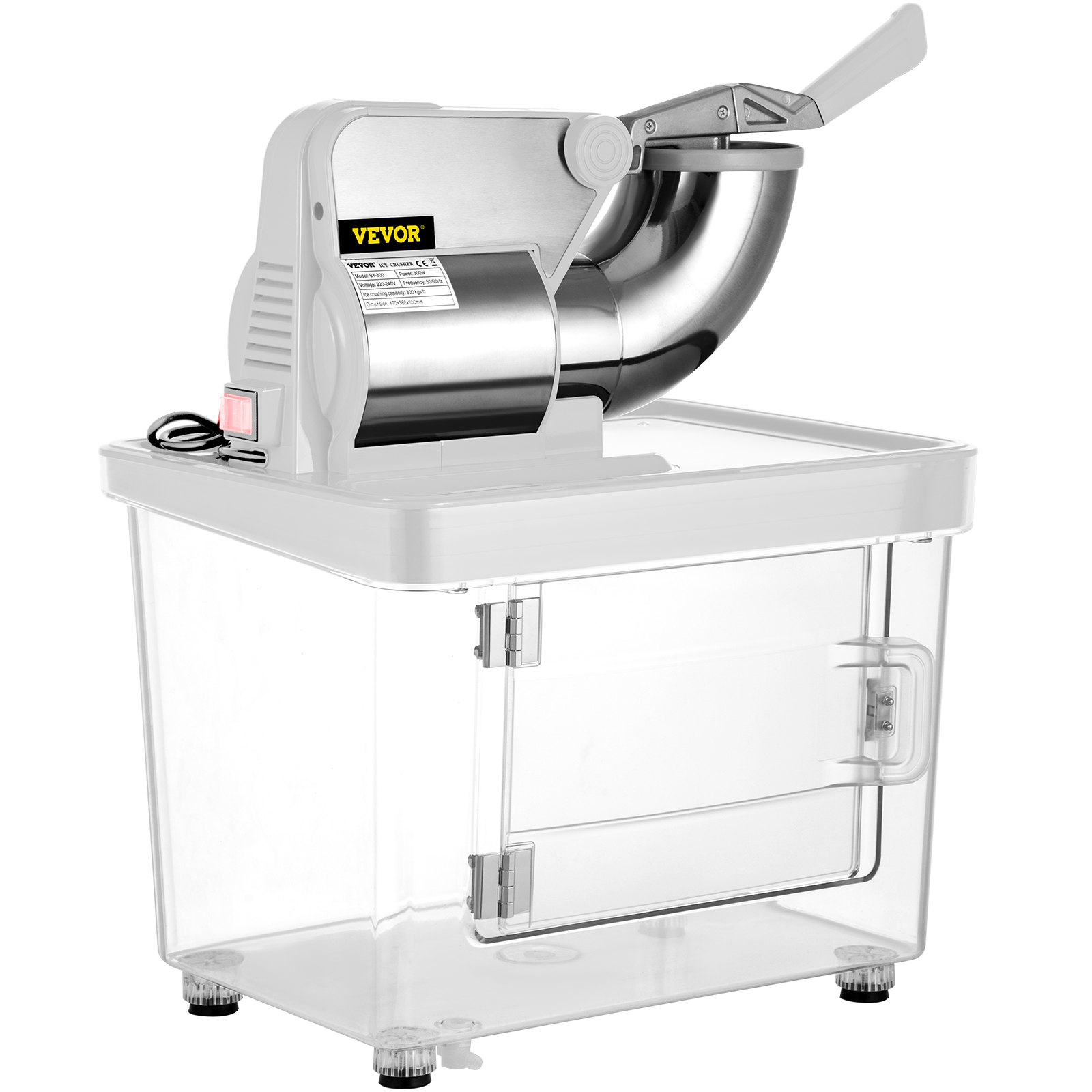 Trituradora de hielo comercial VEVOR con cuerpo duradero de acero inoxidable y recipiente transparente.