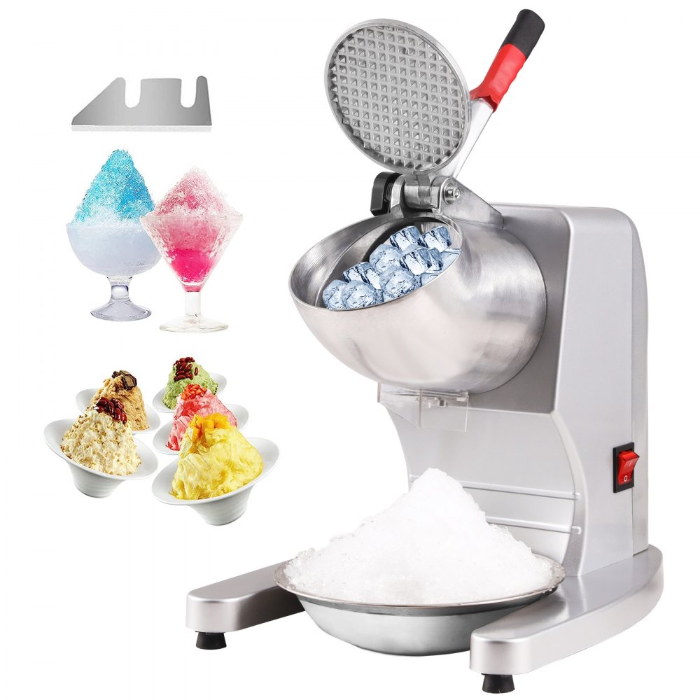 VEVOR Máquina trituradora de hielo, 220 libras por hora, máquina eléctrica para hacer conos de nieve con 4 cuchillas, máquina de hielo raspado de acero inoxidable con tapa y tazón, máquina de afeitar de hielo de 300 W para uso doméstico y comercial, plata