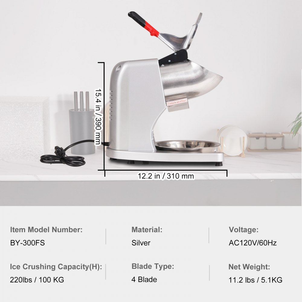 Trituradora de hielo VEVOR, máquina eléctrica para hacer conos de nieve de 220 lb por hora con 4 cuchillas, máquina para raspar hielo de acero inoxidable con tapa y recipiente, 300 W para uso doméstico y comercial, color plateado