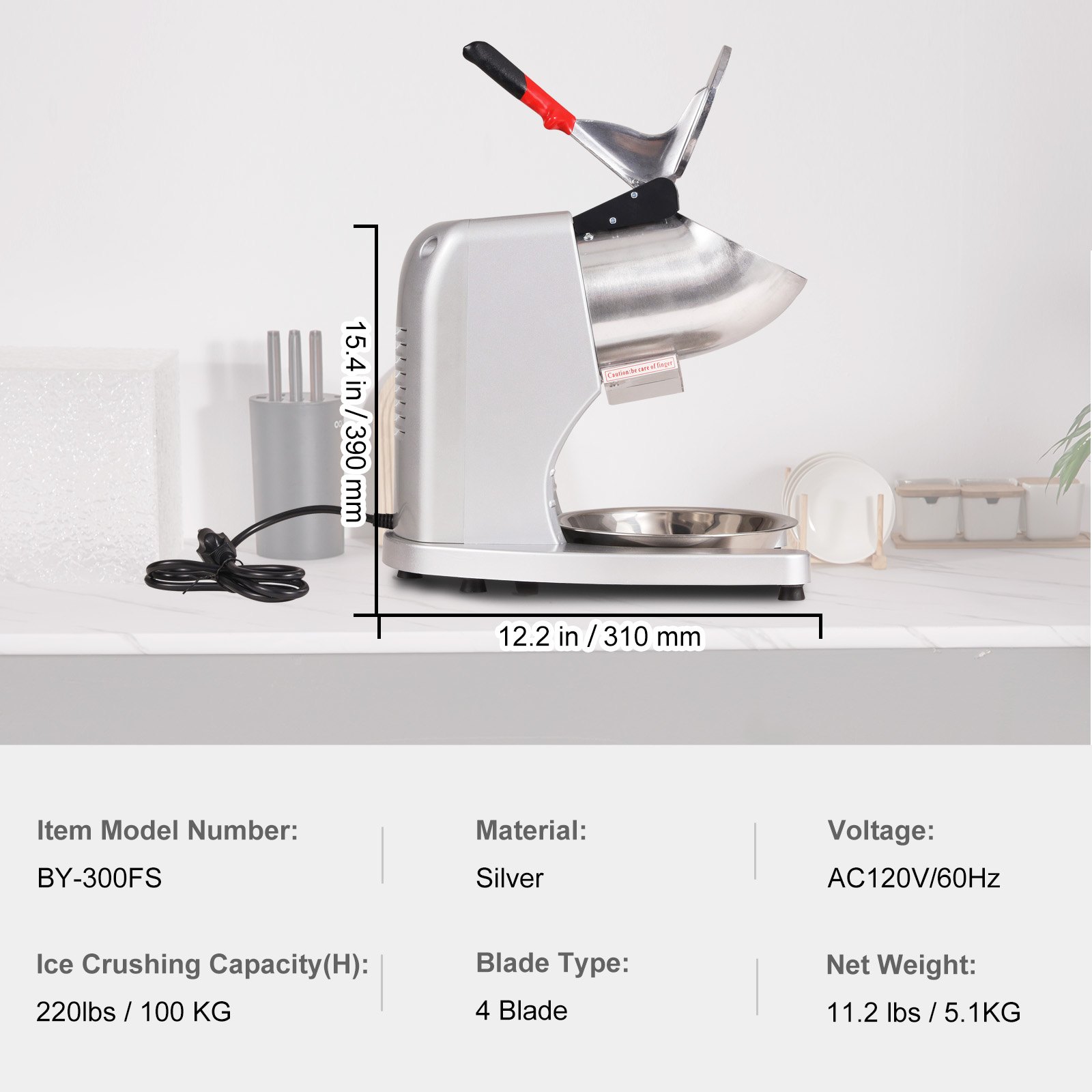 Trituradora de hielo VEVOR, máquina eléctrica para hacer conos de nieve de 220 lb por hora con 4 cuchillas, máquina para raspar hielo de acero inoxidable con tapa y recipiente, 300 W para uso doméstico y comercial, color plateado