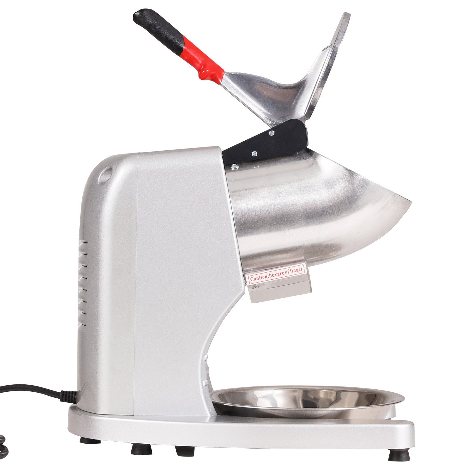 Trituradora de hielo VEVOR, máquina eléctrica para hacer conos de nieve de 220 lb por hora con 4 cuchillas, máquina para raspar hielo de acero inoxidable con tapa y recipiente, 300 W para uso doméstico y comercial, color plateado
