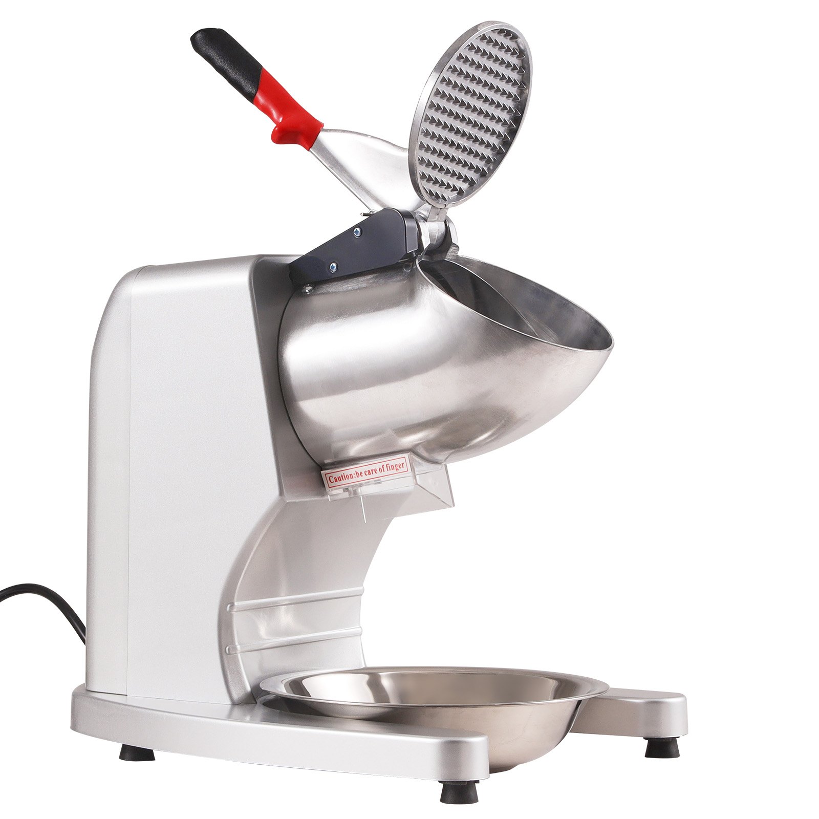 Trituradora de hielo VEVOR, máquina eléctrica para hacer conos de nieve de 220 lb por hora con 4 cuchillas, máquina para raspar hielo de acero inoxidable con tapa y recipiente, 300 W para uso doméstico y comercial, color plateado