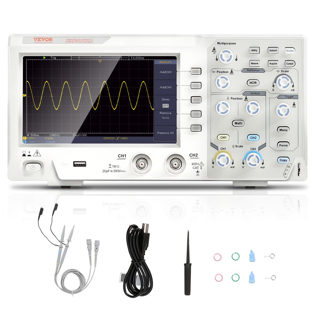 Osciloscopio digital VEVOR, frecuencia de muestreo 1GS/S, ancho de banda de 100 MHz, osciloscopio portátil de 2 canales con pantalla a color de 7 pulgadas, 30 funciones de medición automática para pruebas de circuitos electrónicos DIY