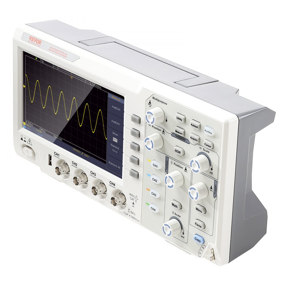 Osciloscopio digital VEVOR con pantalla gráfica, perillas de control y entradas de múltiples canales.