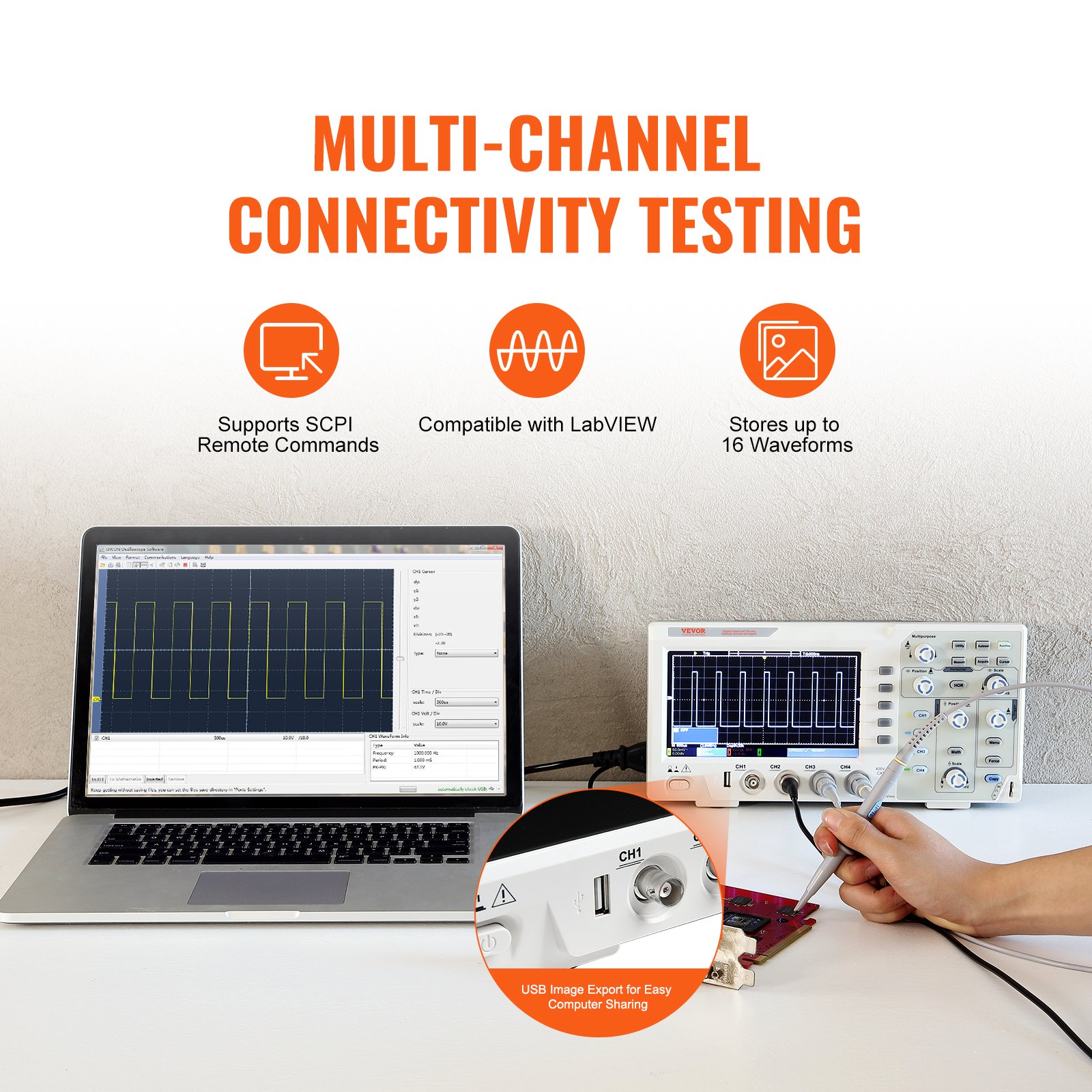 Osciloscopio digital VEVOR conectado a una computadora portátil que muestra formas de onda multicanal, SCP y compatibilidad con Labview.